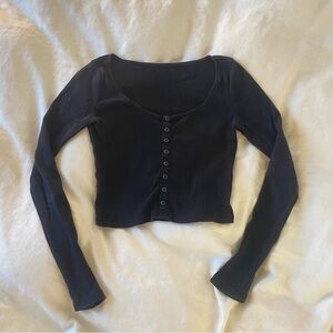 Black cropped long sleeve Henley with buttons
